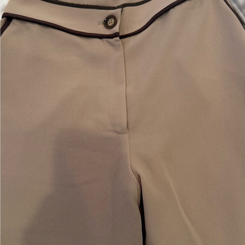 Elegant Tan Women's Pants by Touche Prive with dark brown piping detail- sz med